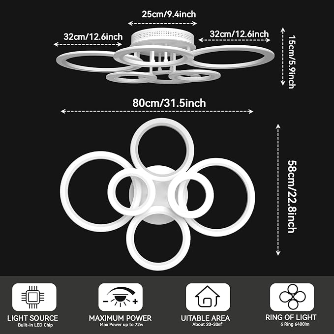 Modern LED Ceiling Light, White 6 Rings Flush Mount Ceiling Light Fixture, with Smart App & Control, 2800-7000K Lighting Fixture Ceiling Lamp for Kitchen, Bedroom, Living Room, Laundry Room