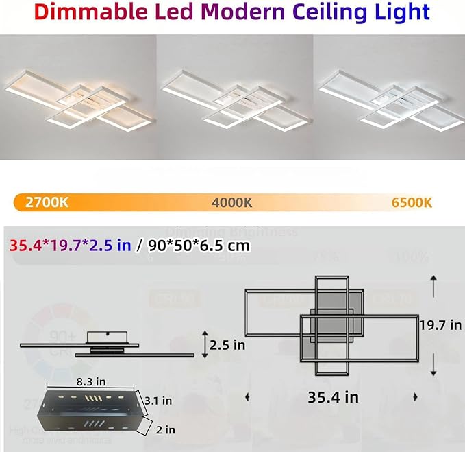 Flush Mount Modern LED Ceiling Light, Dimmable 3 Color Selectable, For Sitting Room, Kitchen, Bedroom, Hallway, Porch (White, 35.4*19.7*2.5 IN)