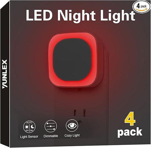 YUNLEX 4 Pack Red Night Light with Dusk to Dawn Sensor, Eye-Care Reflected Glow, 0% Blue Light True Red LED, 3-Level Brightness, Auto On/Off, Plug-in Nightlight for Sleep, Kids, Bedroom, Bathroom