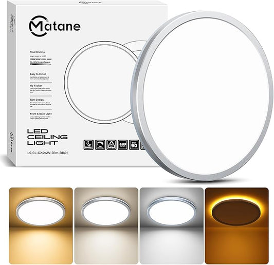 Matane 12 Inch LED Flush Mount Ceiling Light Fixture with Night Light, 24W 2400LM 3000K/4000K/5000K Selectable, Dimmable Ceiling Lights for Bedroom, Dining Room, Kitchen, Round Silver