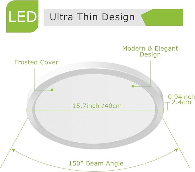 inShareplus 15.7" LED Flush Mount Ceiling Light Fixture, 32W [320W Equiv] Daylight 5000K Thin Flat Modern Ceiling Light for Bedroom, Living Room, Office