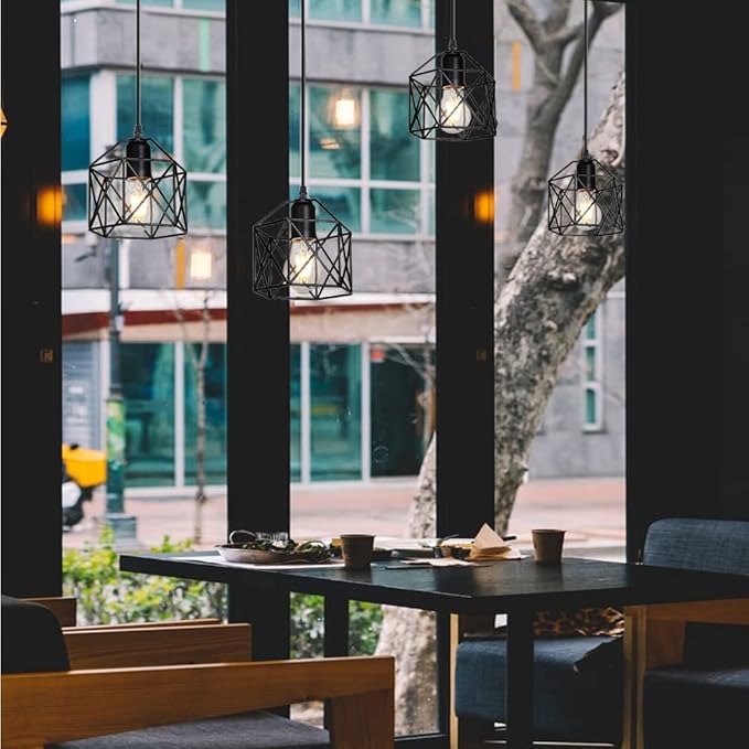 Industrial Plug-in Pendant Light, Black Farmhouse Hanging Ceiling Light, Vintage Metal Cage Wall Mount Lamp, 1-Light Fixture for Kitchen Island, Dining Room, E26 Base (Bulb Not Included)