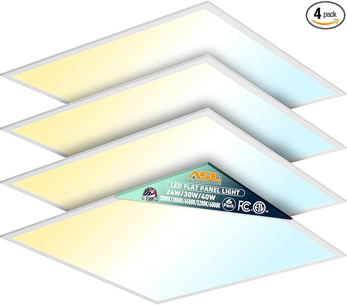 Allsmartlife 2x2 LED Flat Panel Light 4-Pack, Triac Dimmable, 5CCT (3000K-3800K-4500K-5200K-6000K) 40W/5000LM, Back-Lit 2x2FT LED Troffer Light Drop Ceiling for Commercial Office, ETL