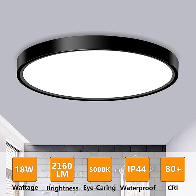 2 Pack LED Flush Mount Ceiling Light Fixture, 9 Inch Modern Black LED Ceiling Light, 18W 5000K Low Profile Slim Flat Surface Mount Ceiling Lights for Bedroom Kitchen Hallway Laundry Stairwell Basement