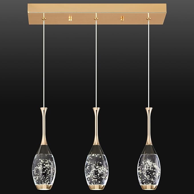 Modern Black Gold Pendant Light Dimmable LED Ceiling Light Fixtures Mini Teardrop Crystal Pendant Lighting for Kitchen Island Bedroom Hallway Entryway (3 Light，Champagne Gold)