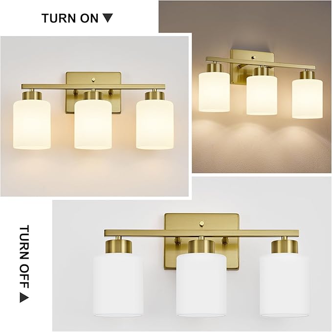 FonmYim Brushed Gold Bathroom Light Fixtures, 3-Light Modern Vanity Light Over Mirror, Wall Sconces with Milky White Frosted Glass Shades, E26 Socket (Bulbs Not Included)