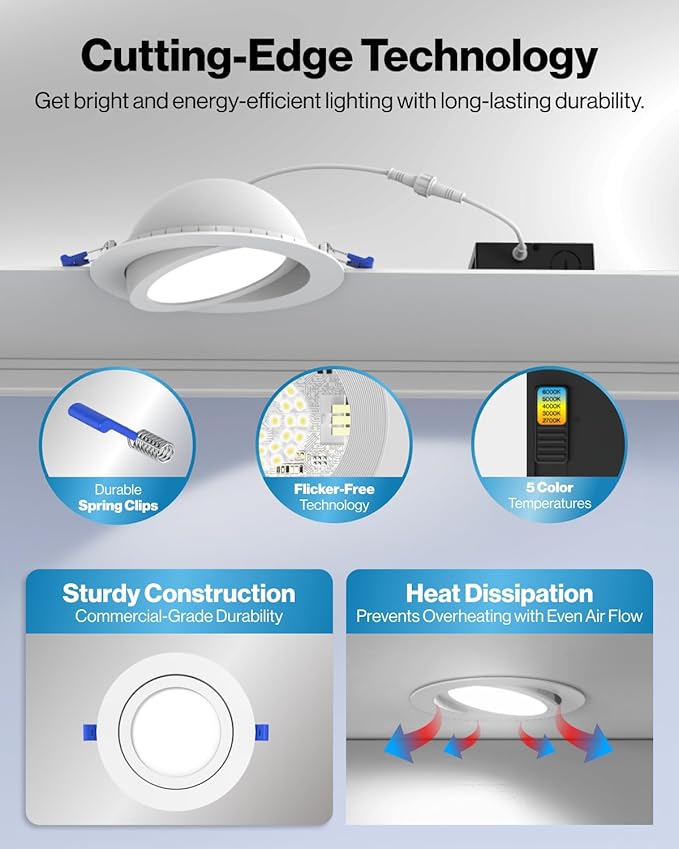 Sunco 4 Pack 6 Inch 5 CCT Gimbal LED Recessed Light Slim, 1350LM High Brightness, 2700K/3000K/4000K/5000K/6000K Selectable, 12W, Angled Directional Canless Downlight with JBox - ETL, FCC.