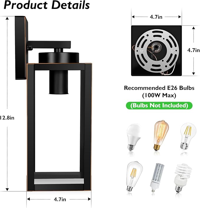 BesLowe Outdoor Wall Light Fixtures, Exterior Waterproof Wall Lanterns, Porch Sconces Wall Mounted Lighting with Glass Shades, Modern Wall Lamps for Garage Front Door Entryway, Black with Gold Trim
