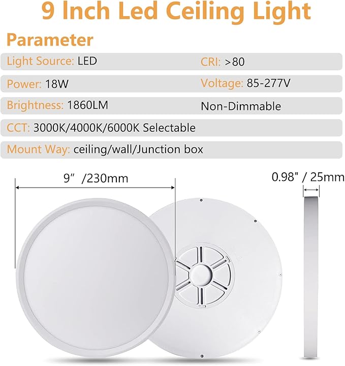 6PK 9 Inch LED Flush Mount Ceiling Light, 18W, 1860LM, 3000K/4000K/6000K CCT Selectable Super Slim LED Ceiling Light, Close to Ceiling Round Flat Panel Light for Hallway, Bedroom,Kitchen ect