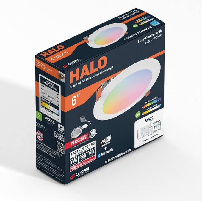 HALO 6” Smart Wi-Fi Slim Canless LED Downlight Powered by WiZ Pro, Dimmable Full Color with Smart Home Integration : HLB6099WZRGBWMWR