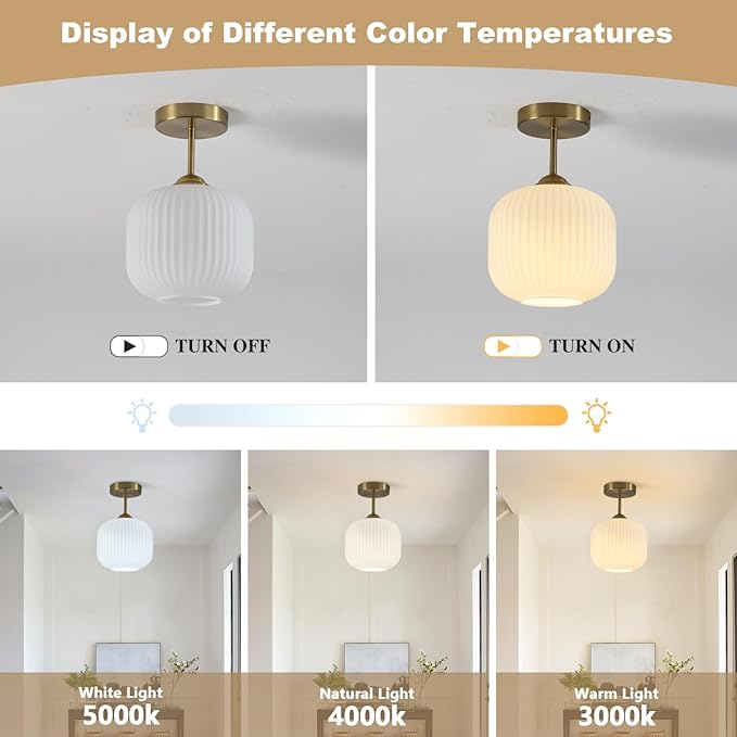 BOKT Vintage Semi Flush Mount Ceiling Lights 2 Pack 7.9" Stripe Milk White Glass Shade Modern Ceiling Lamp Mid Century Gold Ceiling Light Fixture for Farmhouse, Kitchen Island, Hallway