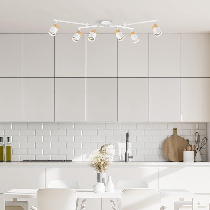 Globe Electric 64000055 42" 6-Light Track Lighting, Double Center Swivel Bar, Matte White, Wood Toned Accents, Ceiling Light, Pivot Shades, 6 Bulb, Kitchen Lights, GU10 Sockets