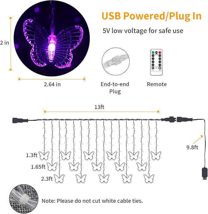YOLIGHT Butterfly Curtain Lights 13ft 96 LED Fairy Lights 8 Modes String Lights with Remote, Butterfly Hanging Decoration for Girls Room Bedroom Wall Ceiling Party Wedding Holiday Christmas (Purple)