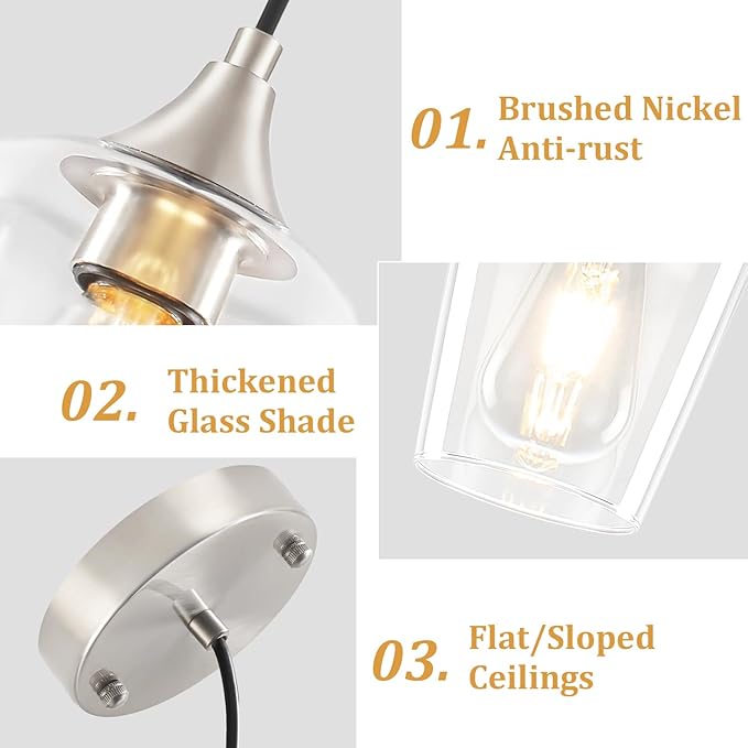 3 Pack Brushed Nickel Pendant Lights Kitchen Island, Modern Glass Pendant Lighting Over Island, Kitchen Hanging Light Fixtures Over Sink Adjustable Mini Pendant Lights for Bathroom Dining Room Hallway