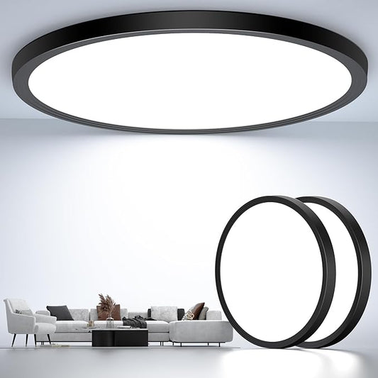 Flush Mount Ceiling Light Fixtures,12inch Flat led Light for Ceiling,6500K 3200LM Ultra Thin Round Black Lamp for Bedroom Kitchen,Bathroom,Garage,Living Room, Dining Room - 2PCS