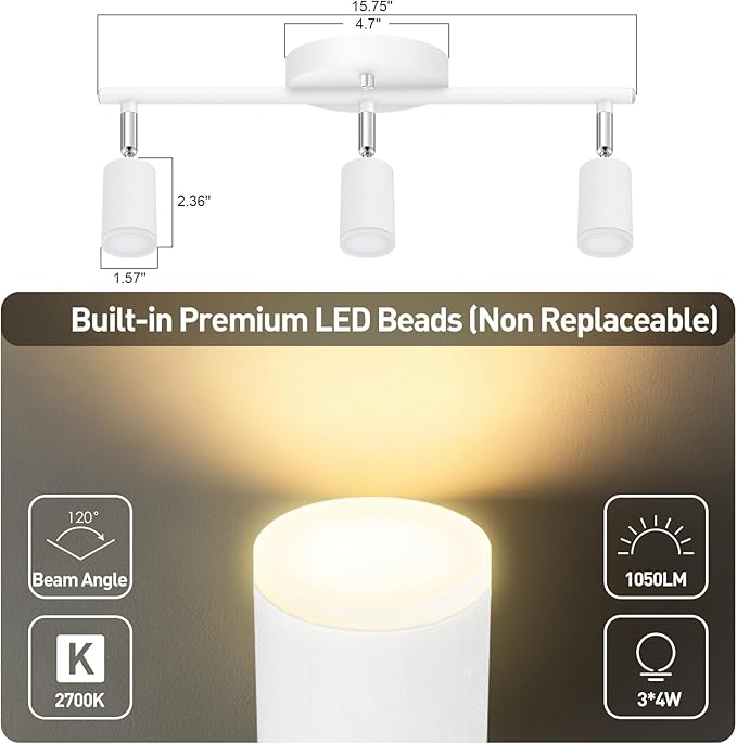 AUQUEE 3 Light Track Lighting Fixtures Ceiling, 12W/2700K White Track Lighting with Acrylic Lampshade & Rotatable Light Heads, 20000hrs Lifespan, Modern LED Track Lights Ceiling for Kitchen/Hallyway