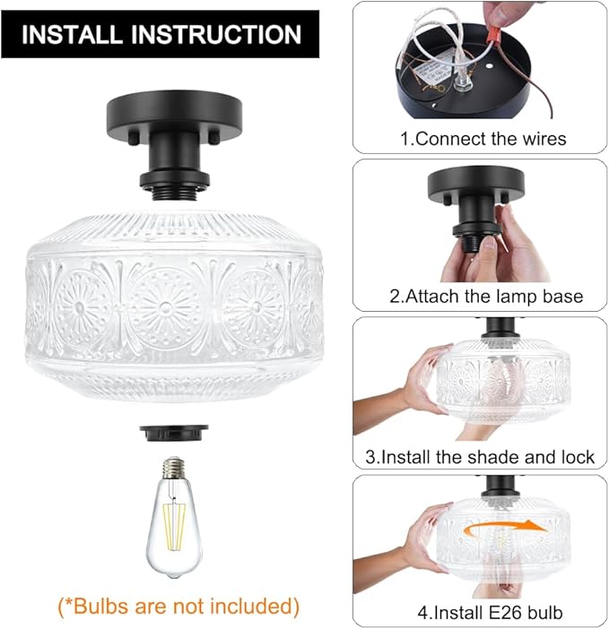 DSMJFU Semi Flush Mount Ceiling Light, Vintage Small Ceiling Light Fixture, Thickened Glass Hallway Lighting Fixture, Black Kitchen Ceiling Mount Light for Entry Way, Bedroom, Bathroom, Porch