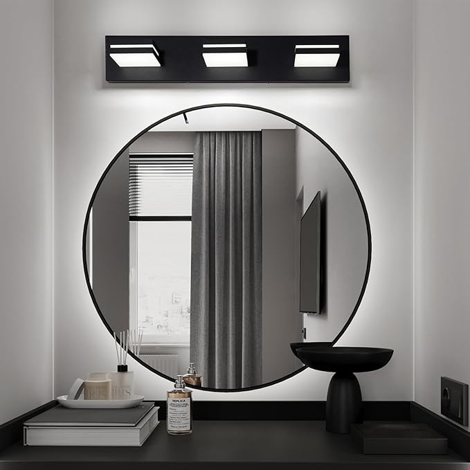 OKELI 3 Light Bathroom Vanity Light Matte Black Modern 24W LED Dimmable Vanity Light Over Mirror 350° Adjustable Lamp Head Cold White 6000K ETL Listed 22Inch