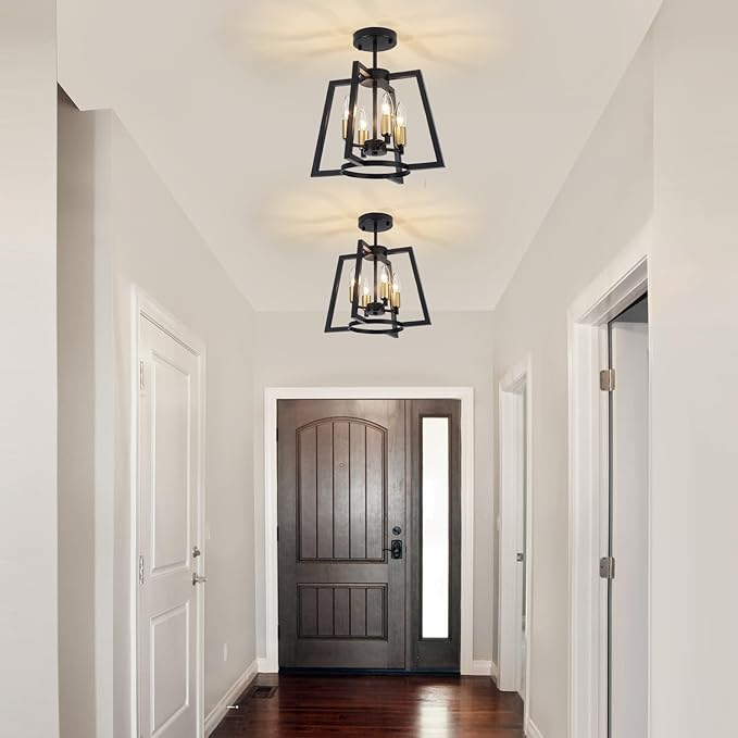 TOULMJ 4-Light Semi Flush Mount Ceiling Light, 14.56" Farmhouse Black Gold Ceiling Light Fixture for Kitchen Island Foyer Hallway Entryway Dining Laundry Room