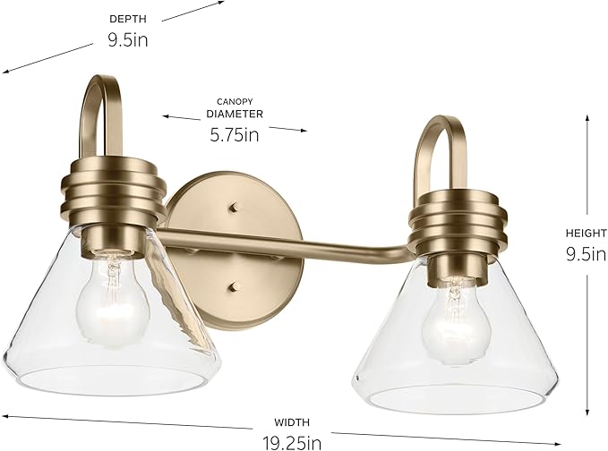Kichler Farum 19.25" 2-Light Bathroom Vanity Light Fixture with Clear Glass in Champagne Bronze for Vanity Mirror, Jack & Jill Layout, Over Mirror (19.25" W x 9.5" H), 55154CPZCLR