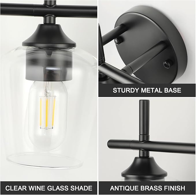 Bathroom Vanity Light Fixtures, Bathroom 6-Lights Over Mirror Modern Vanity Lighting with Clear Wine Glass Shade Wall Lamp for Bedroom Hallway Living Room (Black, 6-Light)