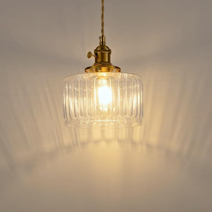 Glass Pendant Light, Vintage Brass Pendant Lighting Fixture Farmhouse Rustic Industrial Gold Hanging Lamp for Kitchen Island Dining Room Bedroom