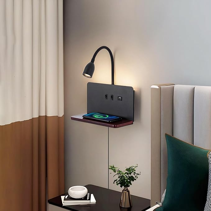 Bedside Wall Sconces with Wireless Charging Station & USB Charging, 3 Adjustable Color Temperatures LED Reading Light, 3000K Warm Ambient lighting Wall Mounted Sconce for Bedroom, Plug-in or Hardwired