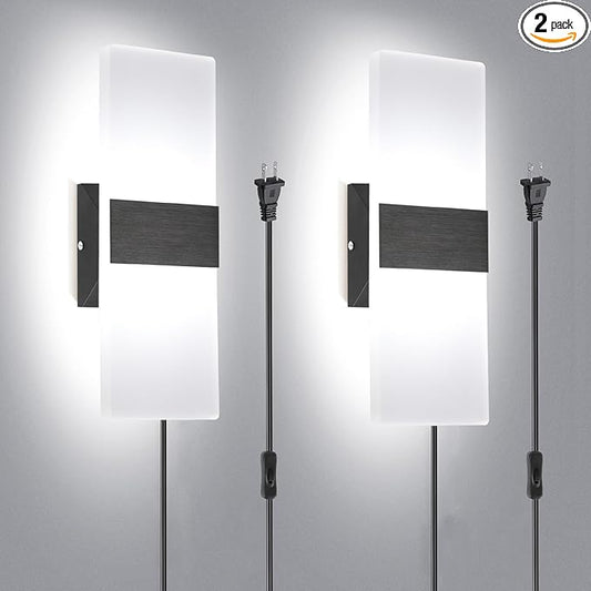 TRLIFE Wall Sconce Plug in, Modern Wall Sconces 12W LED Wall Sconce 6000K Cool White Acrylic Wall Mounted Light Wall Lights with 6FT Plug in Cord and On/Off Switch on The Cord(2 Pack, Black)