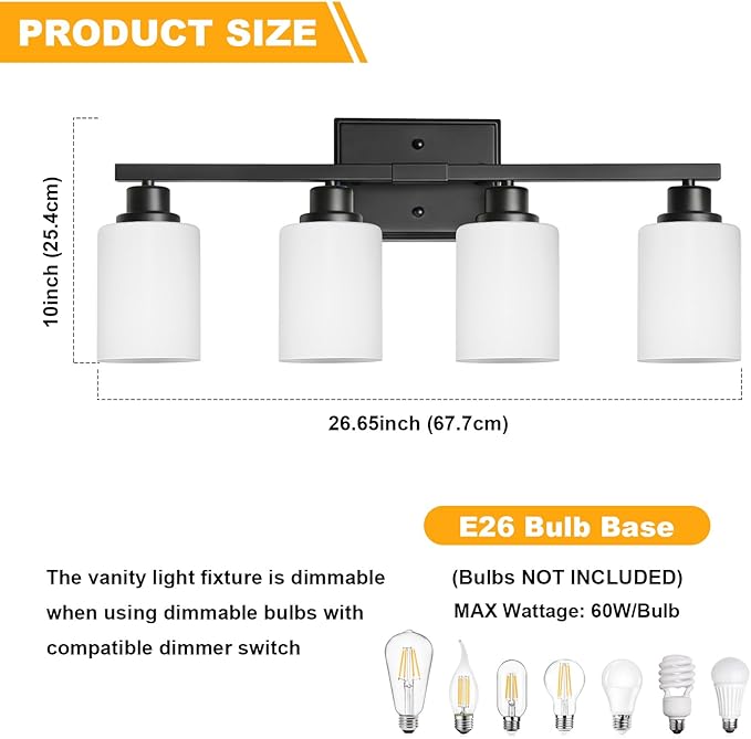 Unicozin 4-Light Bathroom Light Fixtures, Modern Black Vanity Light Over Mirror, Wall Sconces with Milky White Glass Shades for Living Room Bedroom Hallway E26 Base