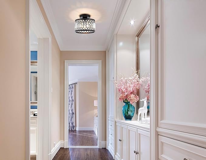 Crystal Black Ceiling Lights 9 Inch Modern Semi Flush Mount Ceiling Light Fixture,Farmhouse Rustic Chandelier for Entryway Porch Aisle Corridor Balcony
