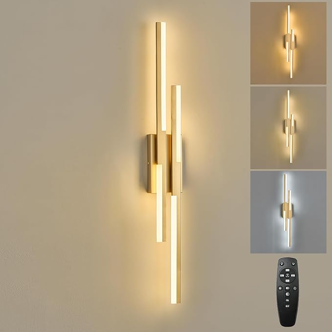 Benkut Modern LED Wall Sconce Gold Remote Wall Light Fixtures for Bathroom, Dimmable Vanity Light Indoor LED Remote Wall Sconce for Living Dining Room Bedside Bedroom (3000-6500K 35.4inch)
