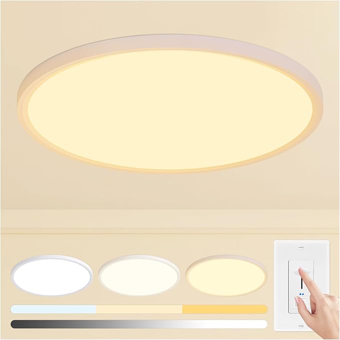 24 inch Led Ceiling Light Fixtures, 48W Ultra Thin Dimmable Flush Mount, 3000K/4000K/6500K Selectable, Round White Ceiling Lamp for Bedroom Kitchen Living Room Dining Room,White