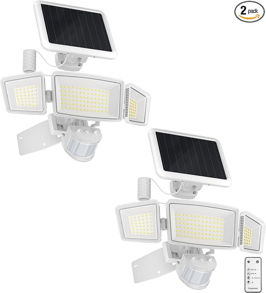 Ensenior Solar Security Lights, Wide Beam Flood Light 6500K Super Bright for Driveway Backyard Garden, Remote Control Motion Lights, Weather-Resistant Exterior Lighting, 1800LM Lumen, White, 2-Pack