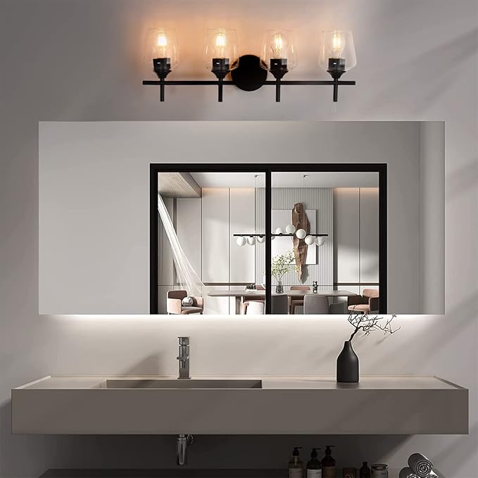 Bathroom Light Fixtures 4-Light Brushed Nickel Bathroom Vanity Light with Clear Glass Shade, Modern Wall Lights for Bedroom Hallway Living Room (Black, 4-Light)