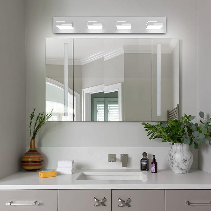 LED Modern Bathroom Vanity Light Fixtures, 4-Light 28-inch Dimmable Chrome Vanity Lights for Bathroom Lighting Fixtures Over Mirror, with 360° Rotatable Heads (Cool White 6000K)