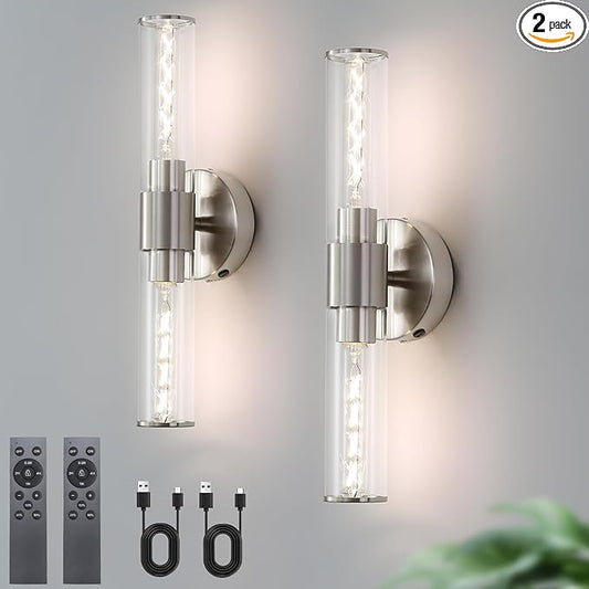 Battery Operated Wall Sconces Set of Two Modern Rechargeable Wall Sconces with Remote Control LED Sand Nickel Wall Lights for Living Room Bedroom (2 Pack)