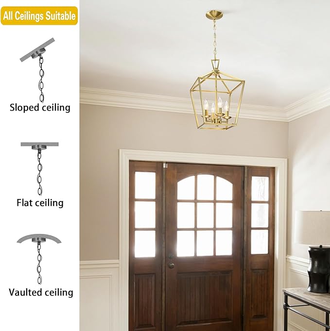 Untrammelife Gold Lantern Chandelier 4-Light Pendant Light Modern Hanging Pendant Light Fixtures in Brushed Brass Finish, Adjustable Metal Chain Geometric Chandelier for Kitchen Island Stair Foyer