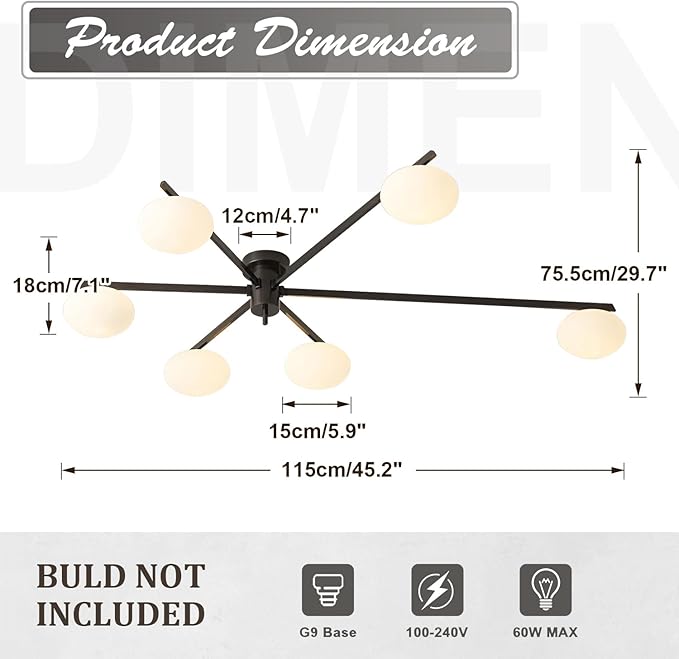 6-Light Mid Century Semi Flush Mount Black Matte Sputnik Chandelier Fixtures with Milk Glass Shade for Foyer MCL01-6 BK