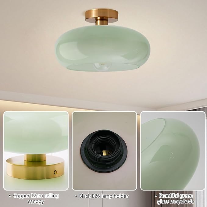 Mid Century Ceiling Light Fixture - Milk Glass Shade, Gold Modern Flush Mount Lamp for Hallway, Dining Room, Kitchen