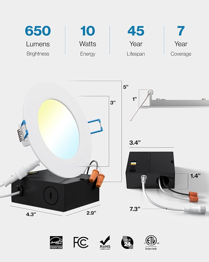 Sunco 4 Inch LED Recessed Lights, Canless Ceiling Light Slim, 650 LM, 10W, Selectable CCT 2700K/3000K/4000K/5000K/6000K, Dimmable, Wafer Thin, with Junction Box ETL 2 Pack