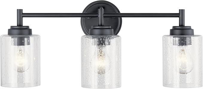 Kichler Winslow 21.5" 3-Light Bathroom Vanity Light Fixture with Clear Seeded Glass in Black, Modern Wall Mount Lighting for Mirror over Vanity in Bathroom, 45886BK