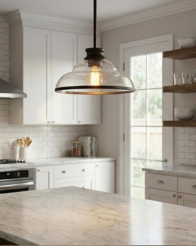 kudos Pendant Lights Kitchen Island, 11" Oil Rubbed Bronze Kitchen Island Lighting with Seeded Glass Shade, Farmhouse Large Hanging Light Fixture for Kitchen Sink Dining Room, KDPL14-ORB-2PK