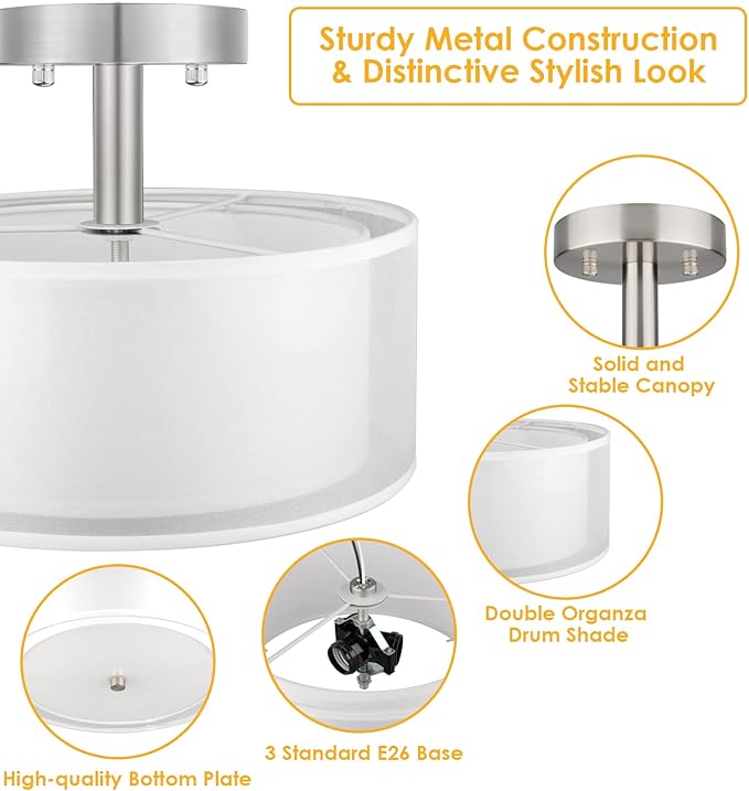 FOLKSMATE 3-Light Semi Flush Mount Ceiling Light Fixture, Drum Light with Double Fabric Shade, Modern Close to Ceiling Lamps for Dining Room Kitchen