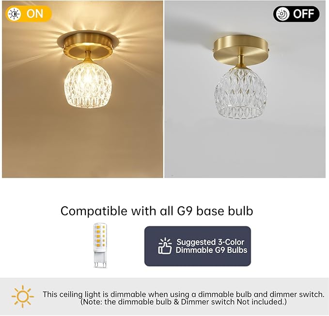 4.3'' Semi Flush Mount Ceiling Light, Light Luxury Ceiling Light Fixture, Clear Crystal Lampshade Vintage Hallway Lights Fixtures, Brass Base Flush Mount Ceilings Lights for Bedroom 【No Bulb Included】