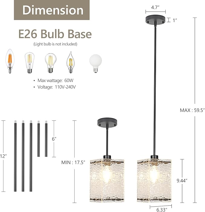 Water Ripple Glass Pendant Lights Black Pendant Lights Kitchen Island Adjustable Modern Hanging Pendant Light Fixtures for Sink Kitchen Dining Room Foyer Entryway, 2 Pack