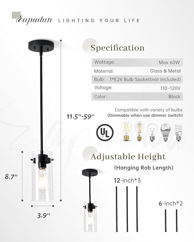 EAPUDUN Pendant Lights Kitchen Island (3 Pack), Clear Glass Shade Kitchen Lighting fixtures Ceiling Hanging, Black Pendant Lights for Kitchen Island,Dining Room,Corridor Bedroom E26 Base
