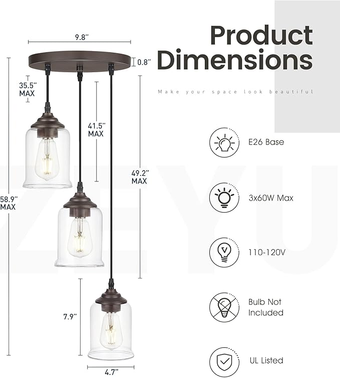 zeyu 3-Light Cluster Pendant Light, Farmhouse Hanging Lights for Kitchen, Oil Rubbed Bronze Pendant Light Fixtures Adjustable with Clear Glass Shade, ZSL104-3 ORB