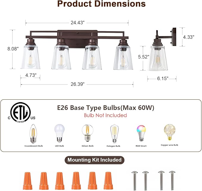 Refice 4-Light Bathroom Vanity Lights, Bathroom Light Fixtures with Clear Glass Shades, Vintage Oil Rubbed Bronze Wall Sconces Over Mirror for Living Room, Farmhouse, Hallway