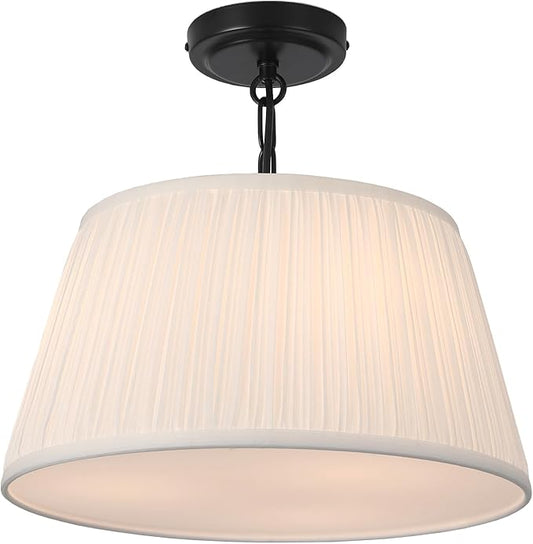 Electro bp; 15”Dia White Pleated Drum Shade Close to Ceiling Light Fixture Modern Classic Brocade Fabric Cone Shape Semi-Flush Mount,Matte Black Painted,3 Sockets,E26,180W,Large;