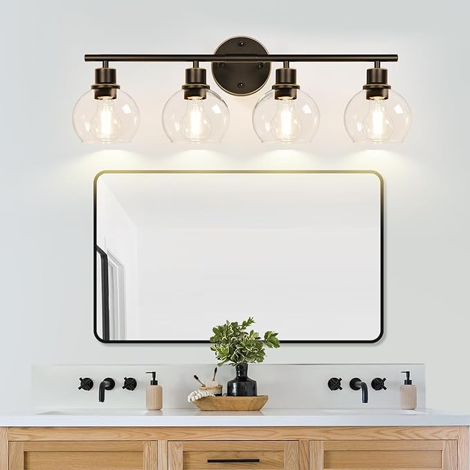 Indoi 4-Light Bathroom Light Fixtures, Oil Rubbed Bronze Bathroom Lights Over Mirror with Clear Glass Globe Shade, Vanity Lights for Bathroom Kitchen Living Room Hallway Cabinet Bedroom Porch